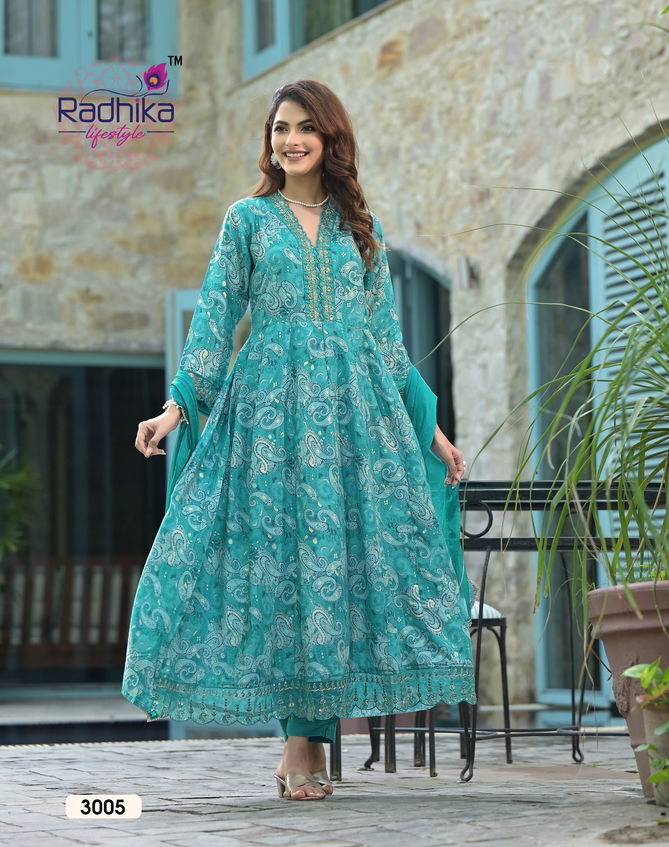 Anarkali Vol 3 By Radhika Rayon Embroidery Kurti With Bottom Dupatta Wholesale Online
